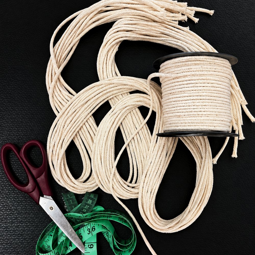 Cordas de algodão cru cortadas ao lado de um rolo de fio, uma tesoura e uma fita métrica